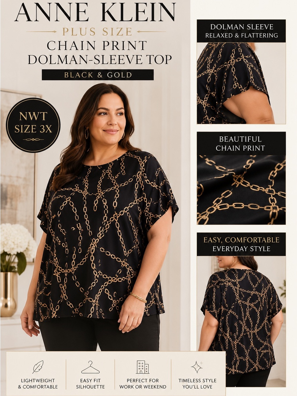 Anne Klein 3X Chain Print Dolman Top NWT Plus Size Black Gold Blouse
